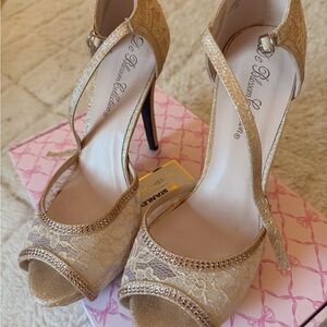 Nude gold lace sparkly rhinestone heels
